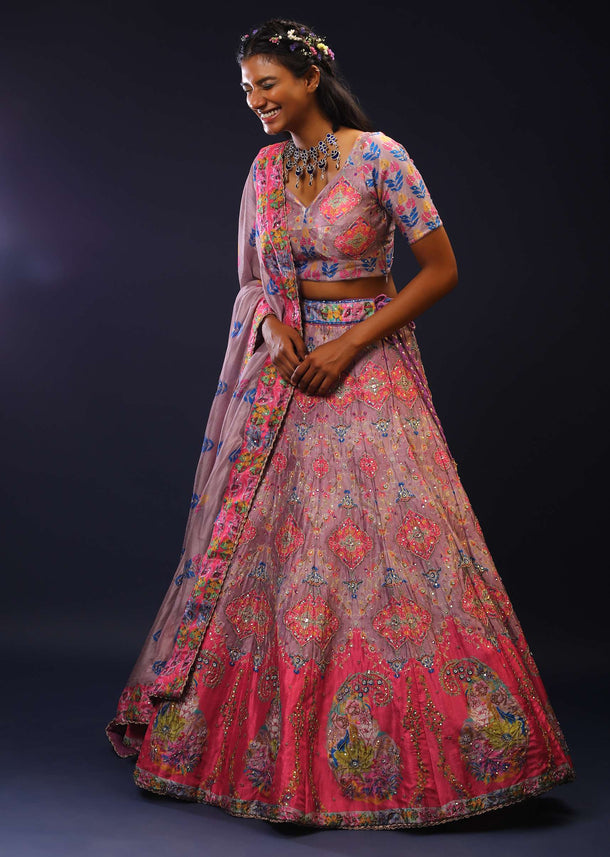 Dusty Lilac Lehenga Choli With Jaipuri Mughal Kalis And Paisley Motifs