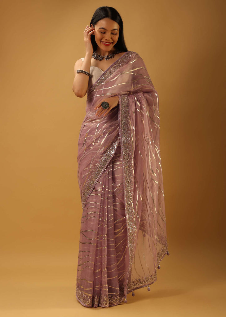 Dusty Lilac Saree In Organza With Foil Printed Wave Design And Gotta Border Online - Kalki Fashion