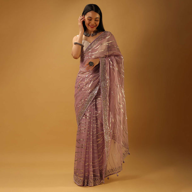 Dusty Lilac Saree In Organza With Foil Printed Wave Design And Gotta Border Online - Kalki Fashion