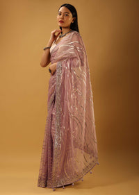 Dusty Lilac Saree In Organza With Foil Printed Wave Design And Gotta Border Online - Kalki Fashion