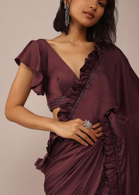 Dusty Maroon Satin Saree With Frilled Sleeved Blouses