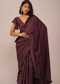 Dusty Maroon Satin Saree With Frilled Sleeved Blouses