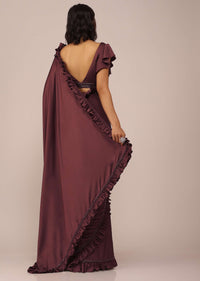 Dusty Maroon Satin Saree With Frilled Sleeved Blouses