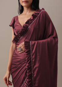 Dusty Maroon Satin Saree With Frilled Sleeved Blouses