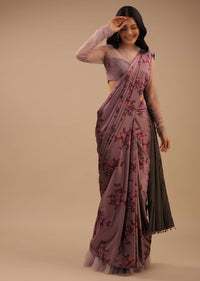 Dusty Mauve Ready Pleated Satin Saree With Floral Print And Stone Embellished Blouse