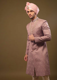 Dusty Pink Purple Thread Embroidered Sherwani Set In Silk