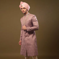 Dusty Pink Purple Thread Embroidered Sherwani Set In Silk