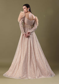 Dusty Peach Embroidered Ruffle Sleeve Gown