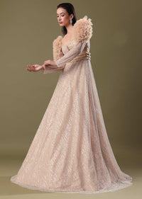 Dusty Peach Embroidered Ruffle Sleeve Gown