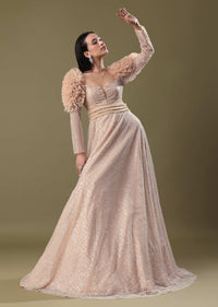 Dusty Peach Embroidered Ruffle Sleeve Gown