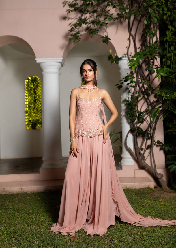 Dusty Pink Hand Embroidered Sharara Suit With Choker Dupatta