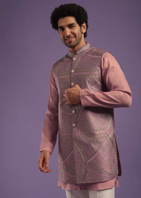 Dusty Pink Jacket Kurta Set In Art Silk With Machine Print And Thread Embroidery