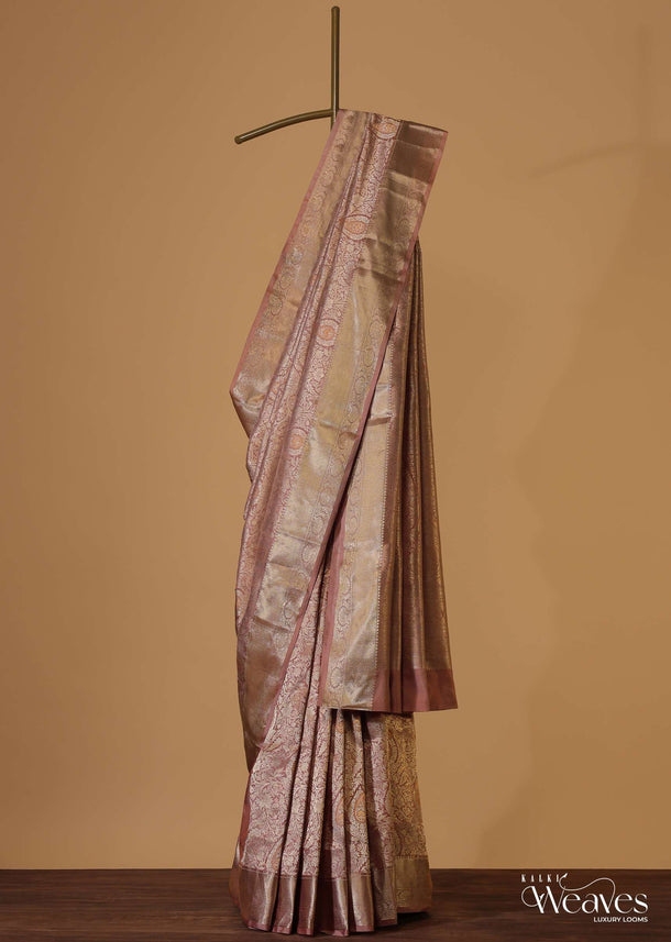 Dusty Pink Kanjivaram Saree In Pure Uppada Silk With Unstitched Blouse