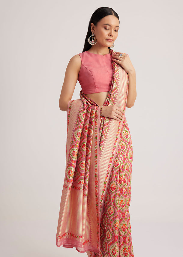Dusty Pink Khaddi Georgette Saree With Floral Woven Motifs