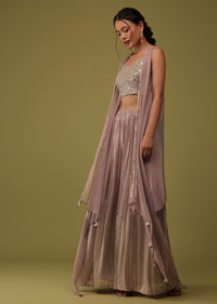 Dusty Pink Mirror Embellished Crop Top And Palazzo Set With Jacket