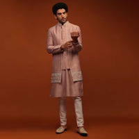 Dusty Rose Nehru Jacket And Kurta Set In Mirror Abla Embroidery