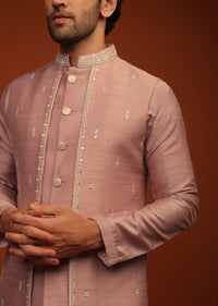 Dusty Rose Nehru Jacket And Kurta Set In Mirror Abla Embroidery