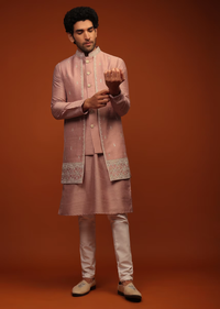 Dusty Rose Nehru Jacket And Kurta Set In Mirror Abla Embroidery