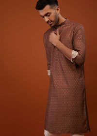 Brick Red Embroidered Kurta Set With Print And Thread Work In Cotton Silk