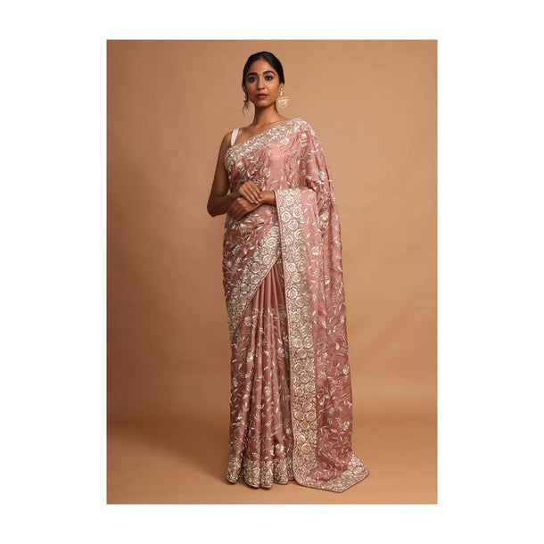 Earthy Pink Saree In Satin Silk With Resham Embroidered Floral Jaal Online - Kalki Fashion