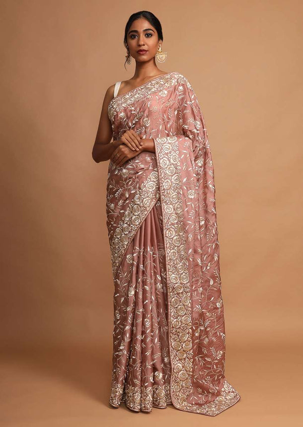 Earthy Pink Saree In Satin Silk With Resham Embroidered Floral Jaal Online - Kalki Fashion