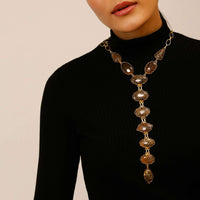 Earthy Toned Semi Precious Stone Studded Necklace With A Long Tie Design