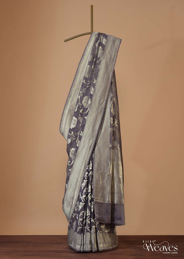 Fog Grey Saree In Tissue Georgette With Banarasi Zari Weave And An Unstitched Blouse