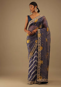 Eclipse Blue Saree In Digital Bandhani And Floral Print, Crafted In Silk With Gotta Patti Embroidery Buttis