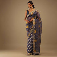Eclipse Blue Saree In Digital Bandhani And Floral Print, Crafted In Silk With Gotta Patti Embroidery Buttis