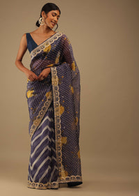 Eclipse Blue Saree In Digital Bandhani And Floral Print, Crafted In Silk With Gotta Patti Embroidery Buttis
