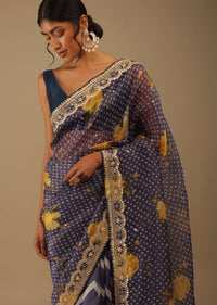 Eclipse Blue Saree In Digital Bandhani And Floral Print, Crafted In Silk With Gotta Patti Embroidery Buttis