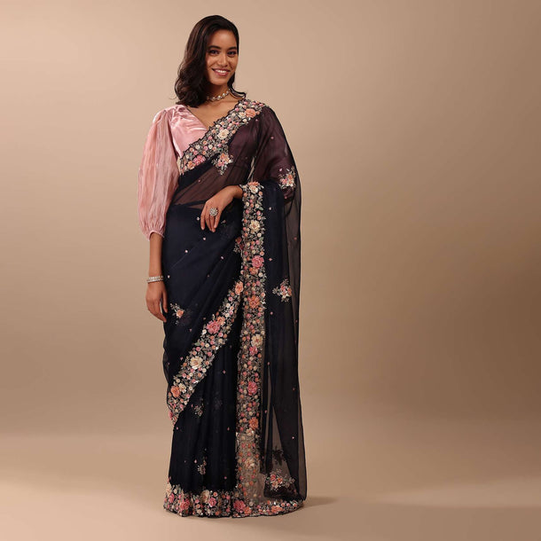 Navy Blue Saree In Organza With 3D Floral Embroidery In Moti, Cut Dana, And Sequins