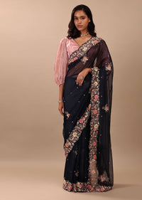 Navy Blue Saree In Organza With 3D Floral Embroidery In Moti, Cut Dana, And Sequins