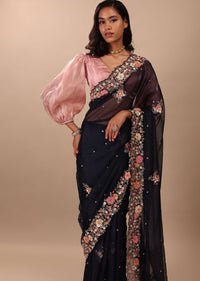 Navy Blue Saree In Organza With 3D Floral Embroidery In Moti, Cut Dana, And Sequins