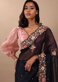 Navy Blue Saree In Organza With 3D Floral Embroidery In Moti, Cut Dana, And Sequins