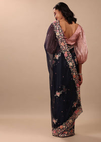 Navy Blue Saree In Organza With 3D Floral Embroidery In Moti, Cut Dana, And Sequins