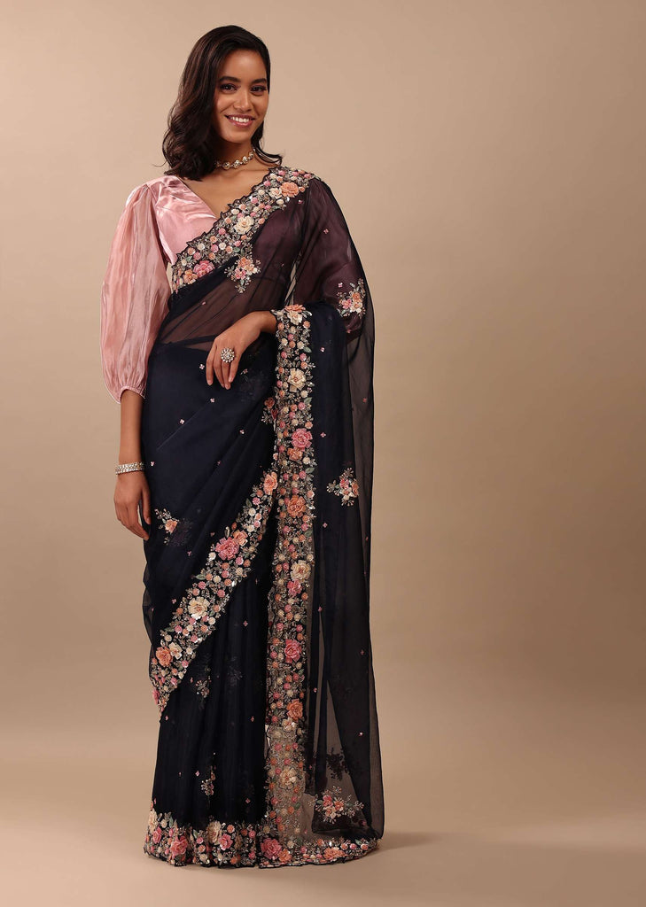 Navy Blue Saree In Organza With 3D Floral Embroidery In Moti, Cut Dana, And Sequins