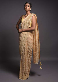 Egg Nog Beige Banarasi Saree In Georgette With Weaved Buttis And Stone Work Online - Kalki Fashion