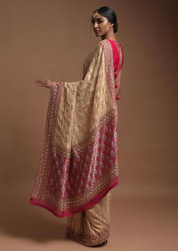 Egg Nog Beige Banarasi Saree In Georgette With Weaved Floral Jaal And Magenta Weaved Border Online - Kalki Fashion