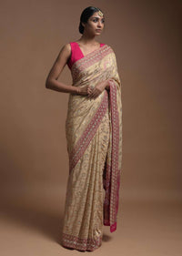 Egg Nog Beige Banarasi Saree In Georgette With Weaved Floral Jaal And Magenta Weaved Border Online - Kalki Fashion