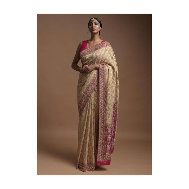 Egg Nog Beige Banarasi Saree In Georgette With Weaved Floral Jaal And Magenta Weaved Border Online - Kalki Fashion