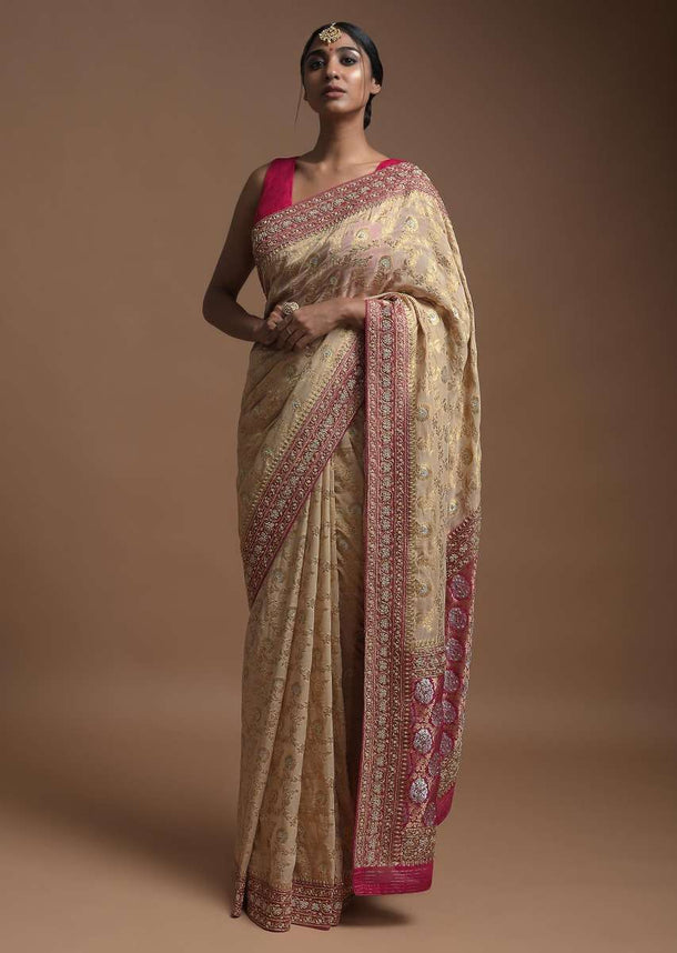 Egg Nog Beige Banarasi Saree In Georgette With Weaved Floral Jaal And Magenta Weaved Border Online - Kalki Fashion