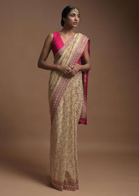 Egg Nog Beige Banarasi Saree In Georgette With Weaved Floral Jaal And Magenta Weaved Border Online - Kalki Fashion