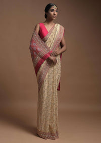 Egg Nog Beige Banarasi Saree In Georgette With Weaved Floral Jaal And Magenta Weaved Border Online - Kalki Fashion