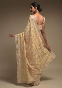 Egg Nog Beige Saree In Georgette With Lucknowi Thread Embroidered Paisley Pattern On The Pallu Online - Kalki Fashion