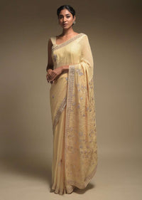 Egg Nog Beige Saree In Georgette With Lucknowi Thread Embroidered Paisley Pattern On The Pallu Online - Kalki Fashion