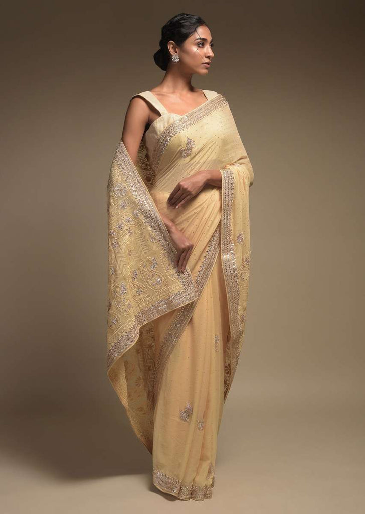 Egg Nog Beige Saree In Georgette With Lucknowi Thread Embroidered Paisley Pattern On The Pallu Online - Kalki Fashion