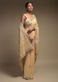 Egg Nog Beige Saree In Georgette With Lucknowi Thread Embroidered Paisley Pattern On The Pallu Online - Kalki Fashion