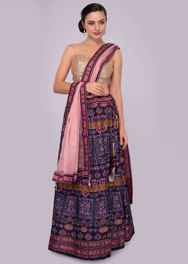 Egg plant cotton lehenga with foil print butti and rose pink organza dupatta