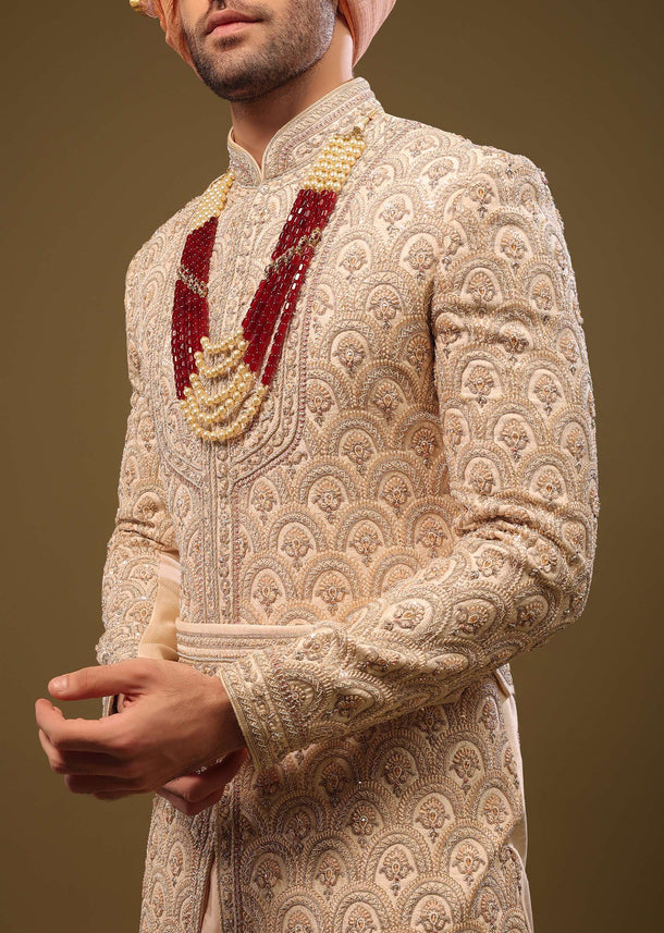 Champagne Brown Silk Sherwani Set With Hand Embroidery
